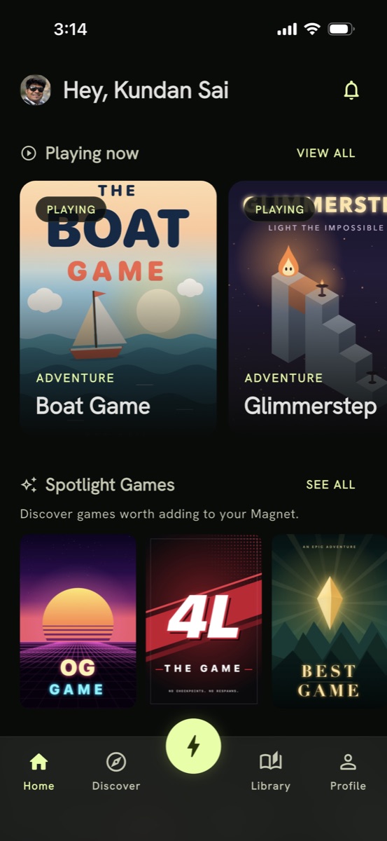 Game Magnet home screen with Playing now and Spotlight games