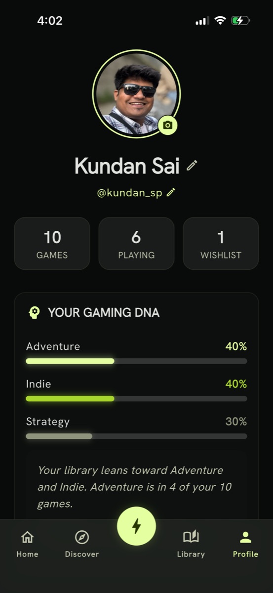 Profile screen with game counts and gaming DNA